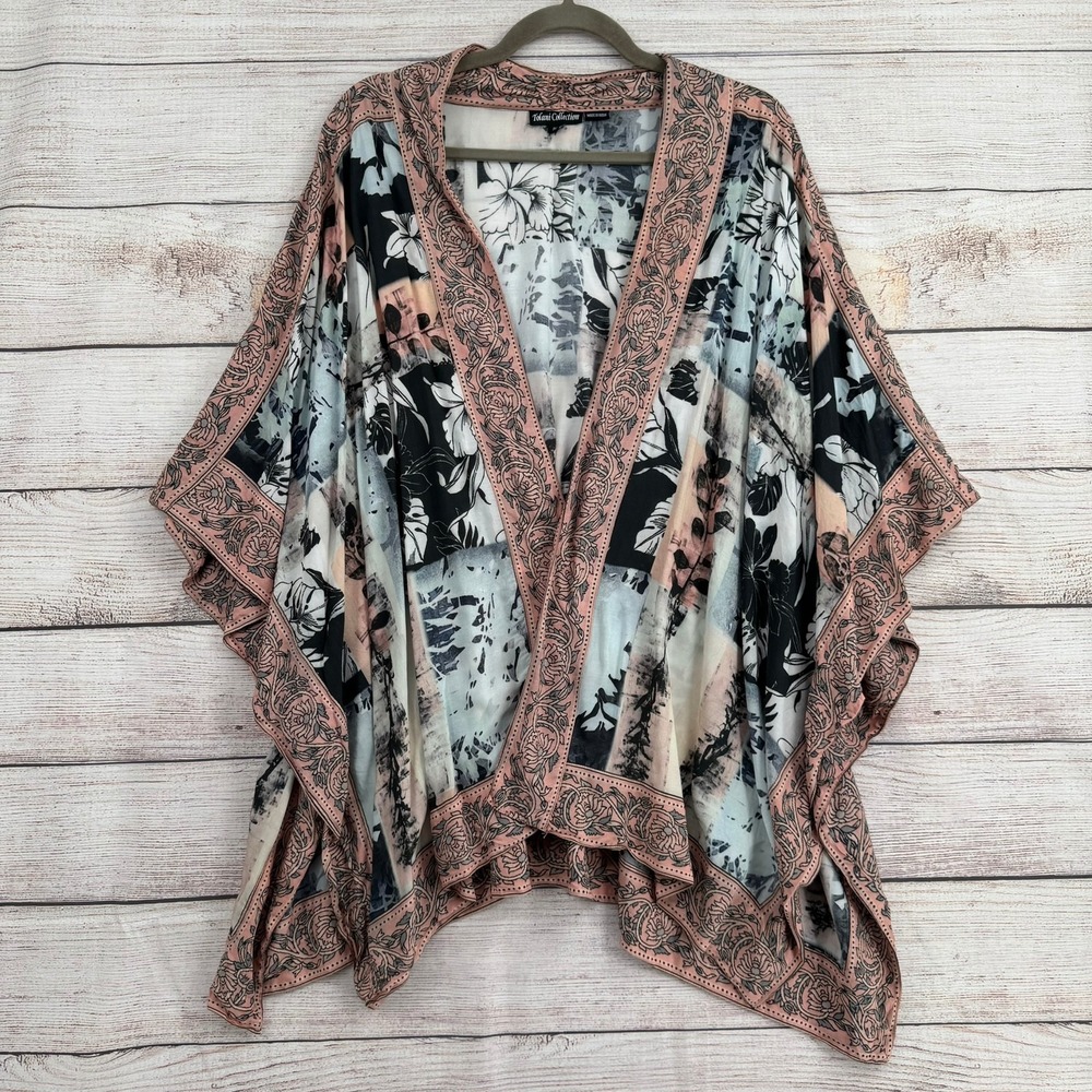Tolani Collection Kimono Women 1X Pink Black Floral Patchwork Modal Open Front